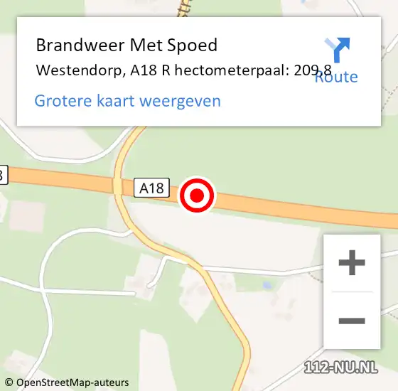 Locatie op kaart van de 112 melding: Brandweer Met Spoed Naar Westendorp, A18 R hectometerpaal: 209,8 op 22 juli 2016 15:55