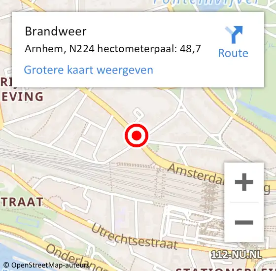 Locatie op kaart van de 112 melding: Brandweer Arnhem, N224 hectometerpaal: 48,7 op 23 juli 2016 15:53
