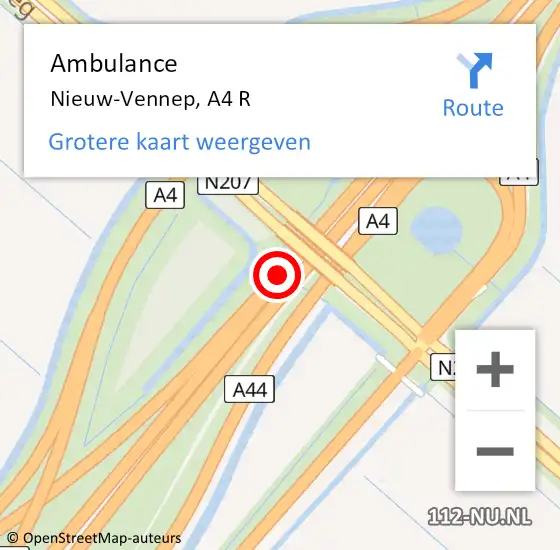 Locatie op kaart van de 112 melding: Ambulance Nieuw-Vennep, A4 R op 25 juli 2016 23:32