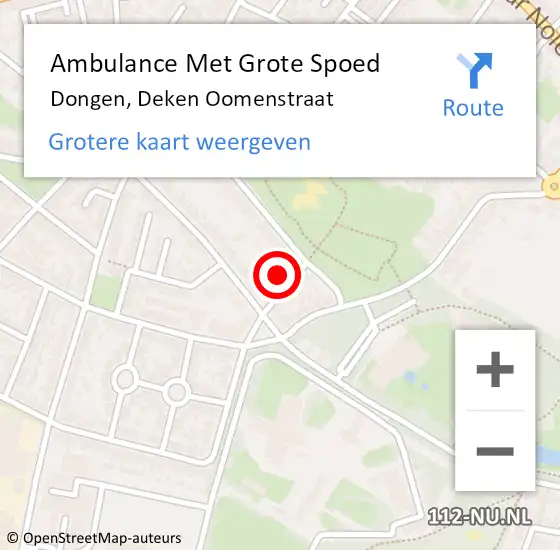 Locatie op kaart van de 112 melding: Ambulance Met Grote Spoed Naar Dongen, Deken Oomenstraat op 26 juli 2016 18:03