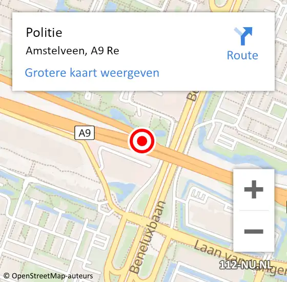 Locatie op kaart van de 112 melding: Politie Amstelveen, A9 Re op 26 juli 2016 18:07