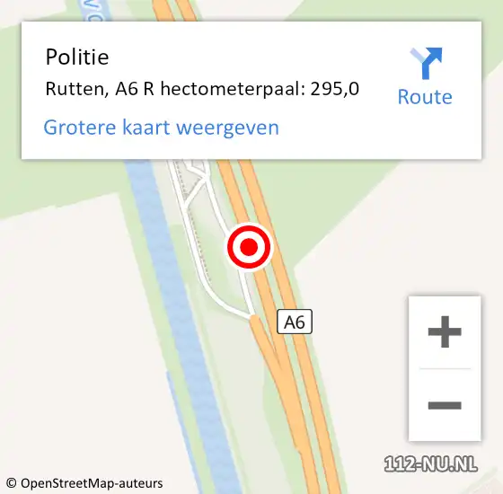 Locatie op kaart van de 112 melding: Politie Rutten, A6 L hectometerpaal: 293,7 op 27 juli 2016 04:18