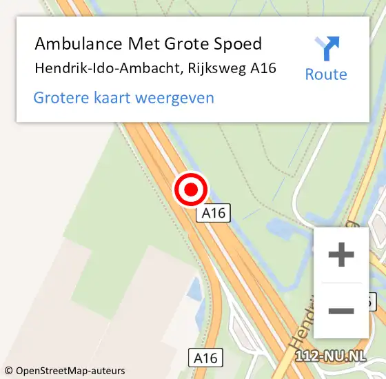 Locatie op kaart van de 112 melding: Ambulance Met Grote Spoed Naar Hendrik-Ido-Ambacht, Rijksweg A16 op 27 juli 2016 19:41