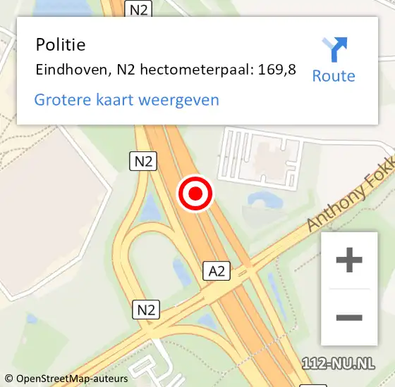 Locatie op kaart van de 112 melding: Politie Eindhoven, N2 hectometerpaal: 169,8 op 28 juli 2016 07:37
