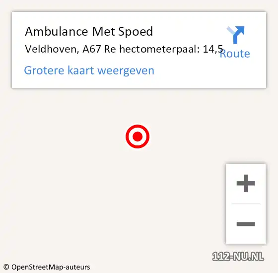 Locatie op kaart van de 112 melding: Ambulance Met Spoed Naar Veldhoven, A67 Re hectometerpaal: 14,5 op 28 juli 2016 18:15