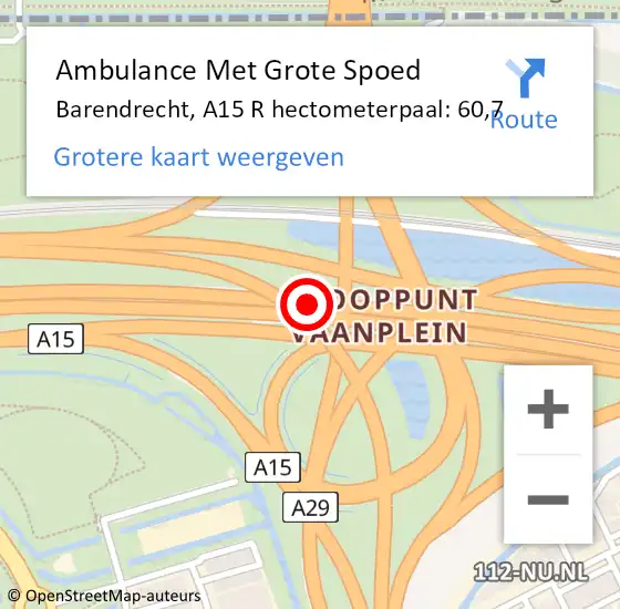 Locatie op kaart van de 112 melding: Ambulance Met Grote Spoed Naar Barendrecht, A15 R op 28 juli 2016 19:40