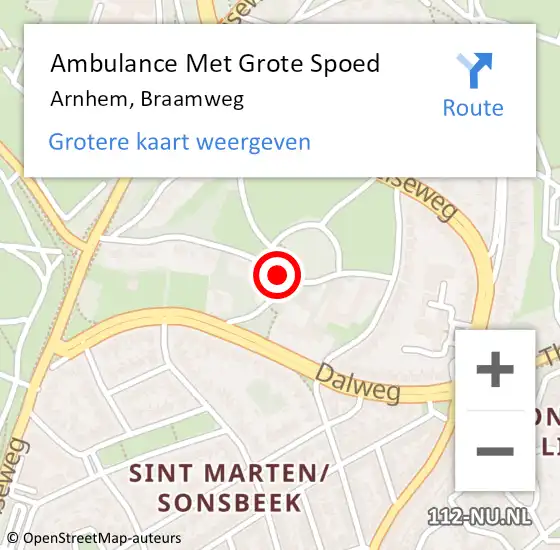 Locatie op kaart van de 112 melding: Ambulance Met Grote Spoed Naar Arnhem, Braamweg op 28 juli 2016 21:03
