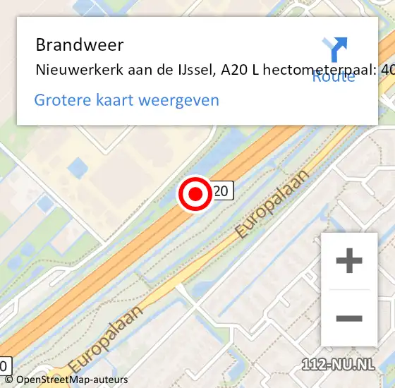 Locatie op kaart van de 112 melding: Brandweer Nieuwerkerk aan de IJssel, A20 L hectometerpaal: 40,6 op 28 juli 2016 21:46