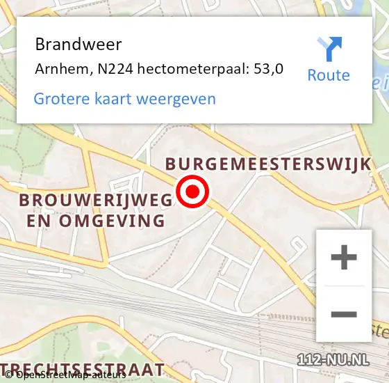 Locatie op kaart van de 112 melding: Brandweer Arnhem, N224 hectometerpaal: 53,0 op 29 juli 2016 15:19