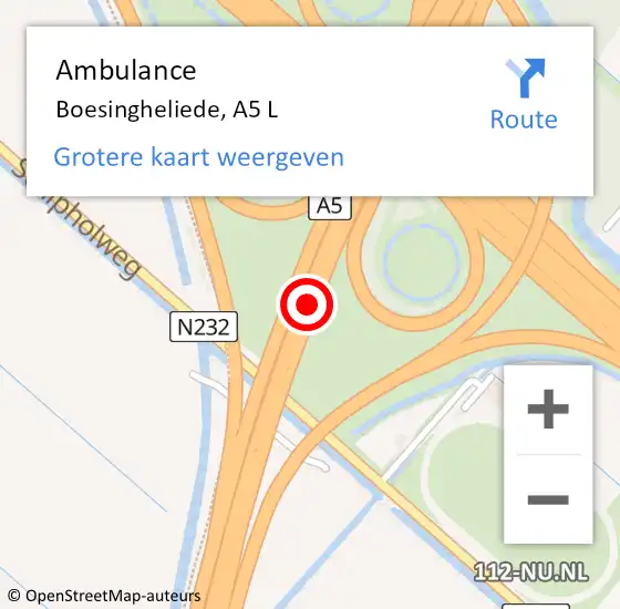 Locatie op kaart van de 112 melding: Ambulance Boesingheliede, A5 L op 1 augustus 2016 10:03