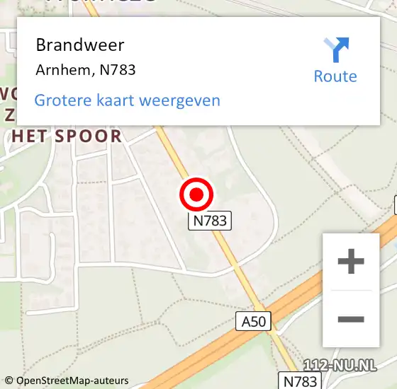 Locatie op kaart van de 112 melding: Brandweer Arnhem, N783 op 2 augustus 2016 10:07