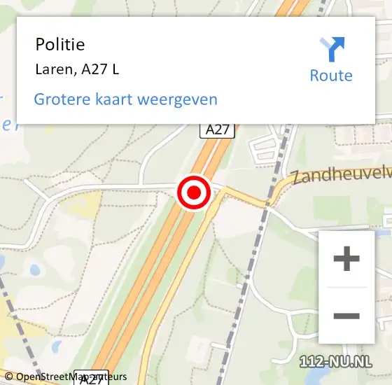 Locatie op kaart van de 112 melding: Politie Laren, A27 L op 2 augustus 2016 13:14