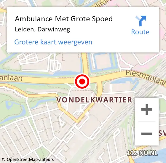 Locatie op kaart van de 112 melding: Ambulance Met Grote Spoed Naar Leiden, Darwinweg op 9 augustus 2016 11:56