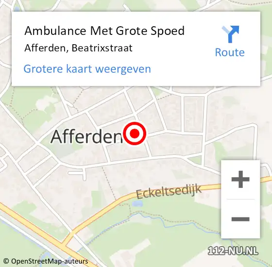 Locatie op kaart van de 112 melding: Ambulance Met Grote Spoed Naar Afferden, Beatrixstraat op 10 augustus 2016 06:29
