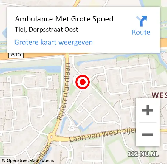 Locatie op kaart van de 112 melding: Ambulance Met Grote Spoed Naar Tiel, Dorpsstraat Oost op 12 augustus 2016 08:31