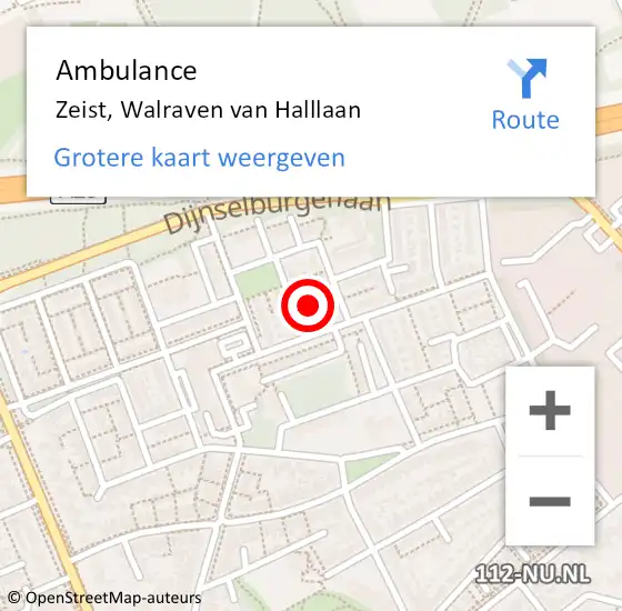 Locatie op kaart van de 112 melding: Ambulance Zeist, Walraven van Halllaan op 13 augustus 2016 18:31