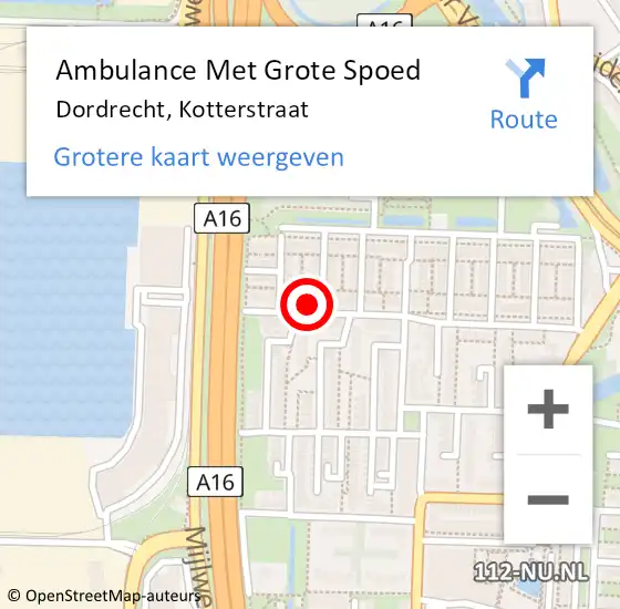 Locatie op kaart van de 112 melding: Ambulance Met Grote Spoed Naar Dordrecht, Kotterstraat op 13 augustus 2016 21:20