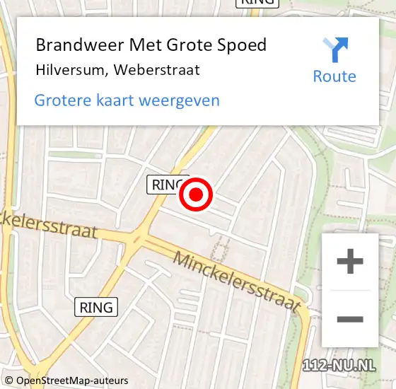 Locatie op kaart van de 112 melding: Brandweer Met Grote Spoed Naar Hilversum, Weberstraat op 16 augustus 2016 05:35