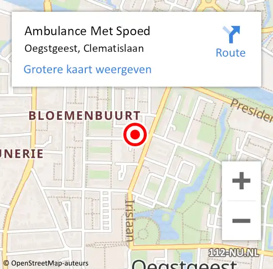Locatie op kaart van de 112 melding: Ambulance Met Spoed Naar Oegstgeest, Clematislaan op 17 augustus 2016 12:11