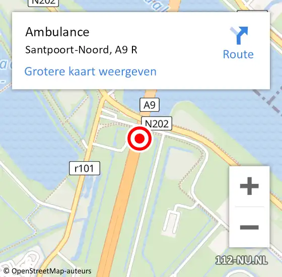 Locatie op kaart van de 112 melding: Ambulance Santpoort-Noord, A9 R op 18 augustus 2016 07:55