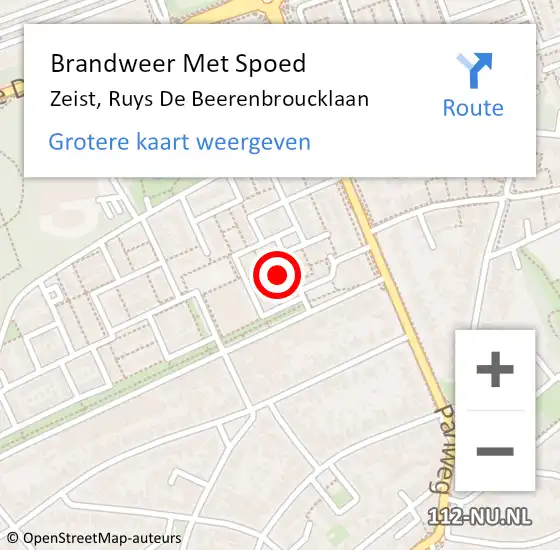 Locatie op kaart van de 112 melding: Brandweer Met Spoed Naar Zeist, Ruys De Beerenbroucklaan op 18 augustus 2016 13:30