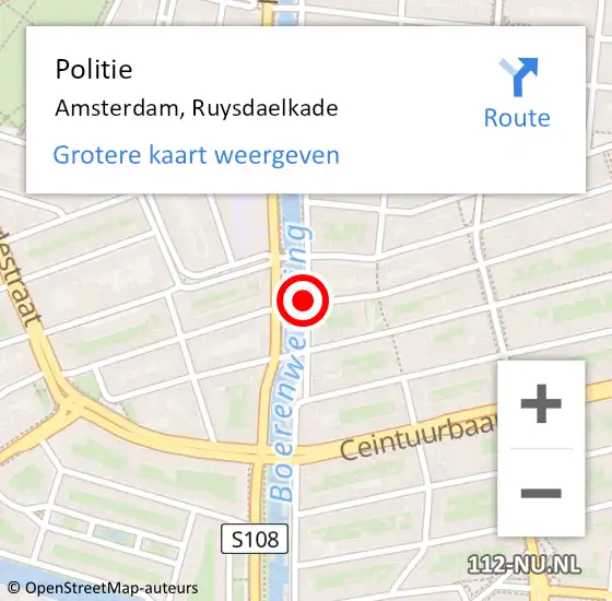 Locatie op kaart van de 112 melding: Politie Amsterdam, Ruysdaelkade op 20 augustus 2016 20:18