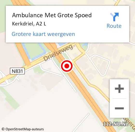 Locatie op kaart van de 112 melding: Ambulance Met Grote Spoed Naar Kerkdriel, A2 L hectometerpaal: 106,5 op 22 augustus 2016 10:33