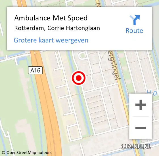 Locatie op kaart van de 112 melding: Ambulance Met Spoed Naar Rotterdam, Corrie Hartonglaan op 22 augustus 2016 13:27