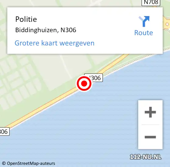 Locatie op kaart van de 112 melding: Politie Biddinghuizen, N306 op 22 augustus 2016 14:28