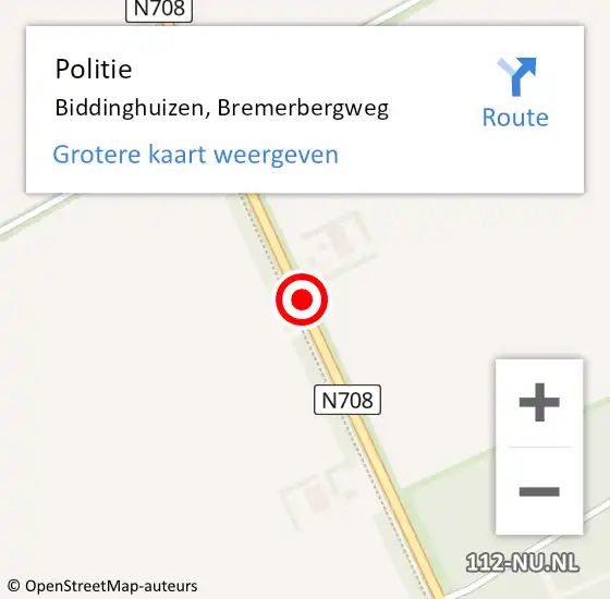 Locatie op kaart van de 112 melding: Politie Biddinghuizen, Bremerbergweg op 23 augustus 2016 21:29