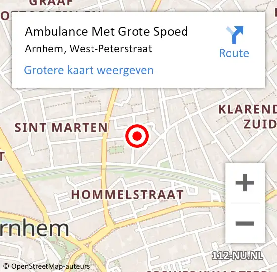 Locatie op kaart van de 112 melding: Ambulance Met Grote Spoed Naar Arnhem, West-Peterstraat op 23 augustus 2016 22:54