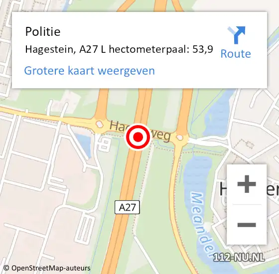 Locatie op kaart van de 112 melding: Politie Hagestein, A27 R hectometerpaal: 53,3 op 25 augustus 2016 11:23
