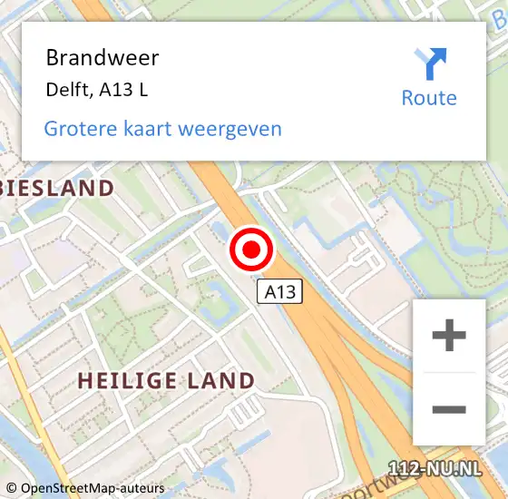 Locatie op kaart van de 112 melding: Brandweer Delft, A13 L op 25 augustus 2016 19:44