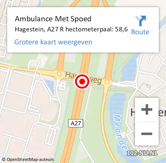 Locatie op kaart van de 112 melding: Ambulance Met Spoed Naar Hagestein, A27 R hectometerpaal: 58,6 op 26 augustus 2016 08:17