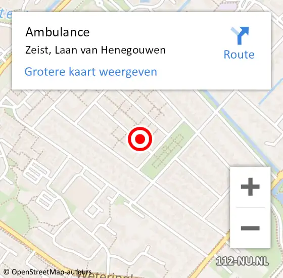 Locatie op kaart van de 112 melding: Ambulance Zeist, Laan van Henegouwen op 26 augustus 2016 12:39
