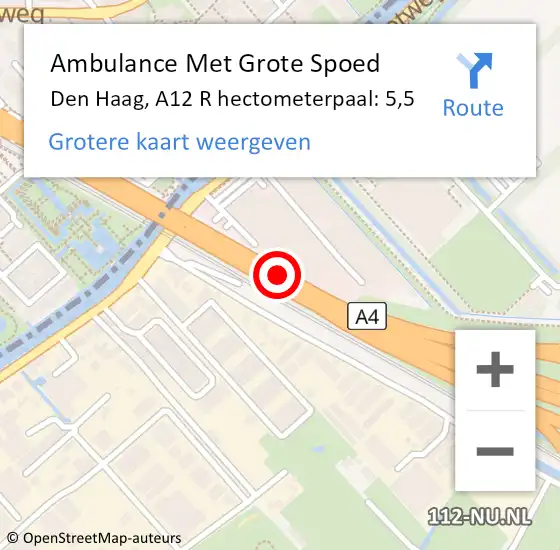 Locatie op kaart van de 112 melding: Ambulance Met Grote Spoed Naar Den Haag, A12 R hectometerpaal: 8,1 op 26 augustus 2016 17:37