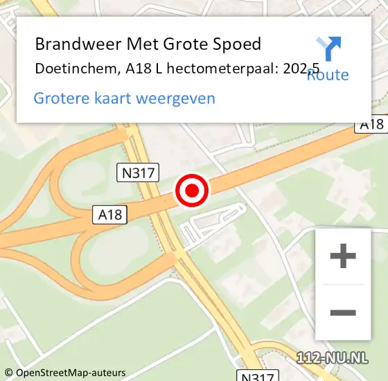 Locatie op kaart van de 112 melding: Brandweer Met Grote Spoed Naar Doetinchem, A18 R hectometerpaal: 200,0 op 29 augustus 2016 05:42