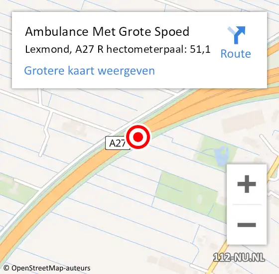 Locatie op kaart van de 112 melding: Ambulance Met Grote Spoed Naar Lexmond, A27 L hectometerpaal: 50,6 op 29 augustus 2016 17:44