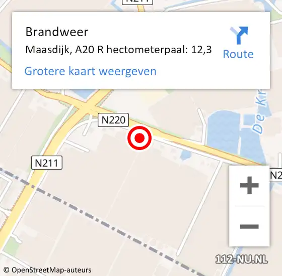 Locatie op kaart van de 112 melding: Brandweer Maasdijk, A20 R hectometerpaal: 12,3 op 30 augustus 2016 13:49