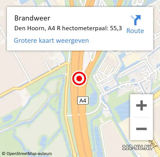 Locatie op kaart van de 112 melding: Brandweer Den Hoorn, A4 L hectometerpaal: 55,4 op 31 augustus 2016 23:10