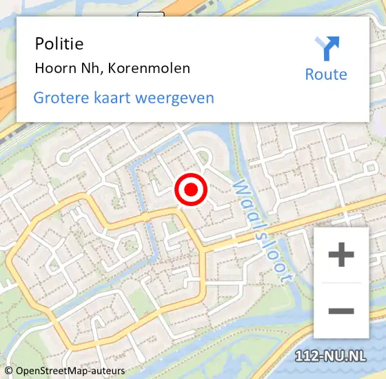 Locatie op kaart van de 112 melding: Politie Hoorn Nh, Korenmolen op 1 september 2016 14:49