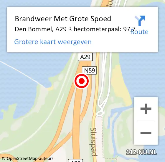 Locatie op kaart van de 112 melding: Brandweer Met Grote Spoed Naar Den Bommel, A29 R hectometerpaal: 97,7 op 3 september 2016 12:51