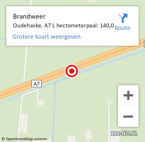 Locatie op kaart van de 112 melding: Brandweer Oudehaske, A7 L hectometerpaal: 140,0 op 4 september 2016 19:13