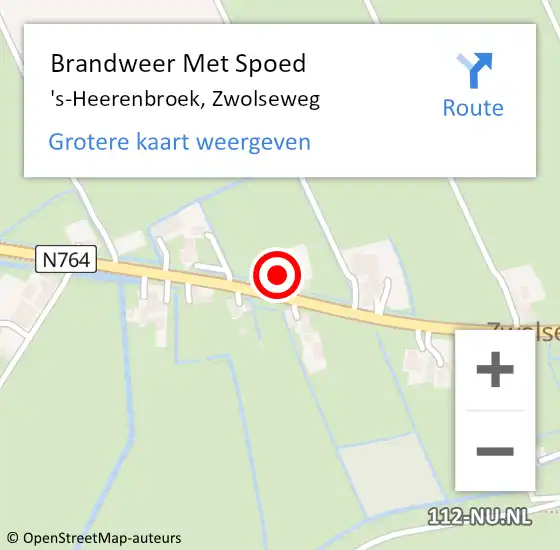 Locatie op kaart van de 112 melding: Brandweer Met Spoed Naar 's-Heerenbroek, Zwolseweg op 6 september 2016 08:31