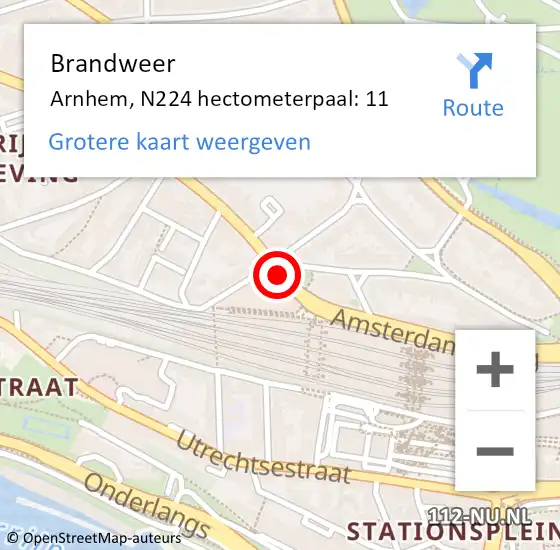 Locatie op kaart van de 112 melding: Brandweer Arnhem, N224 hectometerpaal: 11 op 10 september 2016 02:30