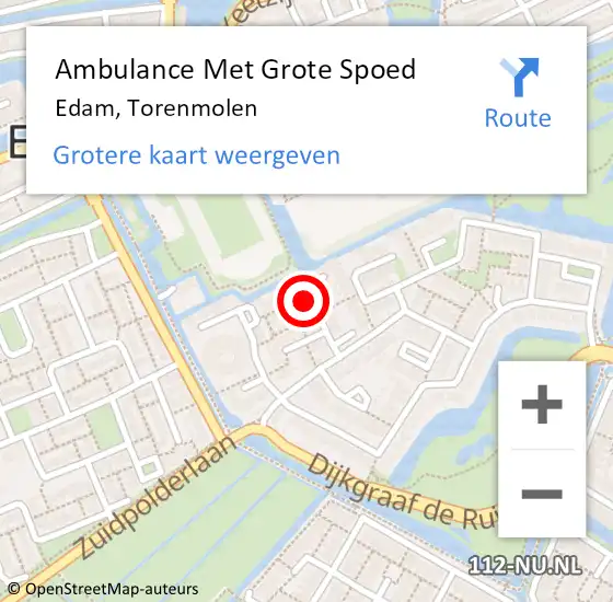 Locatie op kaart van de 112 melding: Ambulance Met Grote Spoed Naar Edam, Torenmolen op 10 september 2016 20:47