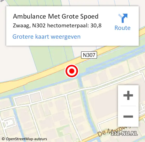 Locatie op kaart van de 112 melding: Ambulance Met Grote Spoed Naar Zwaag, N302 hectometerpaal: 30,6 op 13 september 2016 07:57