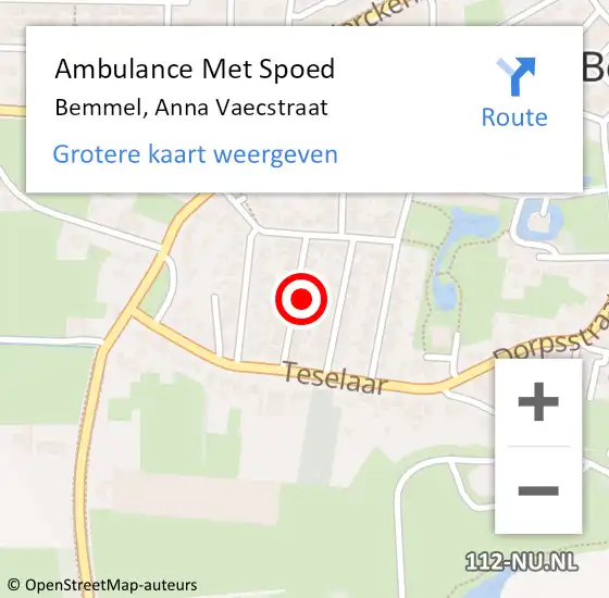 Locatie op kaart van de 112 melding: Ambulance Met Spoed Naar Bemmel, Anna Vaecstraat op 26 september 2016 09:05