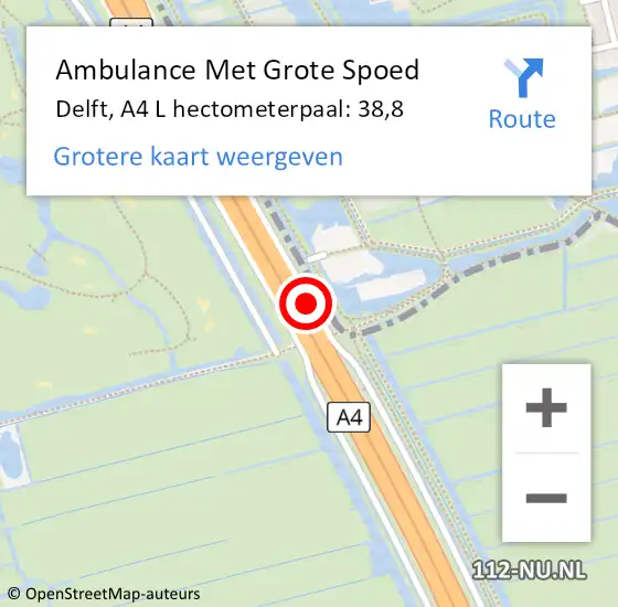 Locatie op kaart van de 112 melding: Ambulance Met Grote Spoed Naar Delft, A4 L hectometerpaal: 38,8 op 28 september 2016 12:14