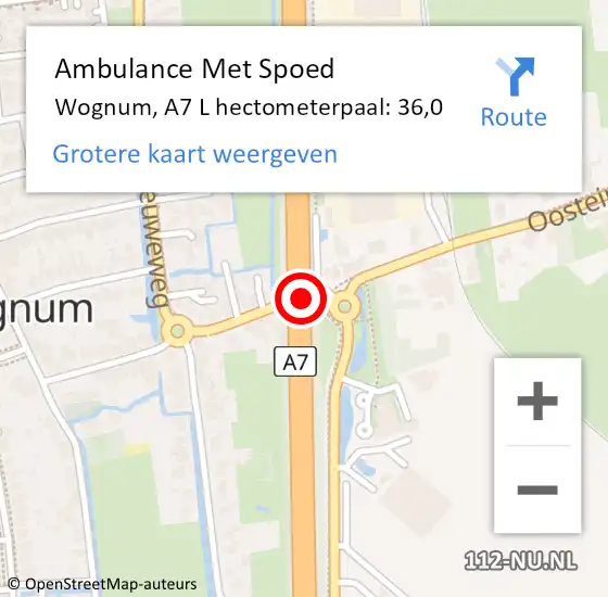 Locatie op kaart van de 112 melding: Ambulance Met Spoed Naar Wognum, A7 L hectometerpaal: 35,0 op 29 september 2016 13:40